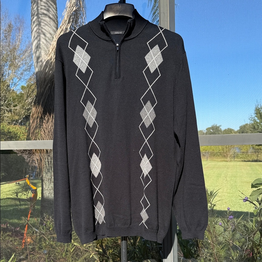Claiborne Black and Gray Diamond Pattern 1/4 Zip-Up Sweater